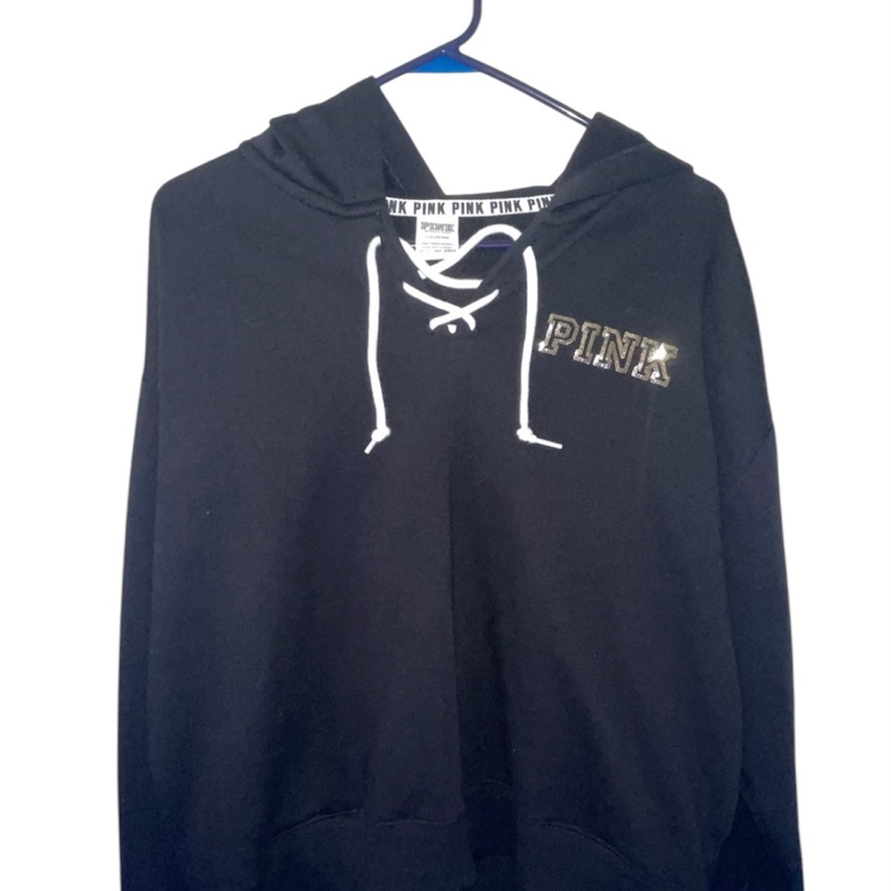PINK Victoria's Secret Black Lace-Up Hoodie Sweatshirt